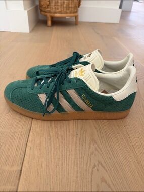 Adidas Gazelle Green Suede Sneakers with Taupe Stripes
